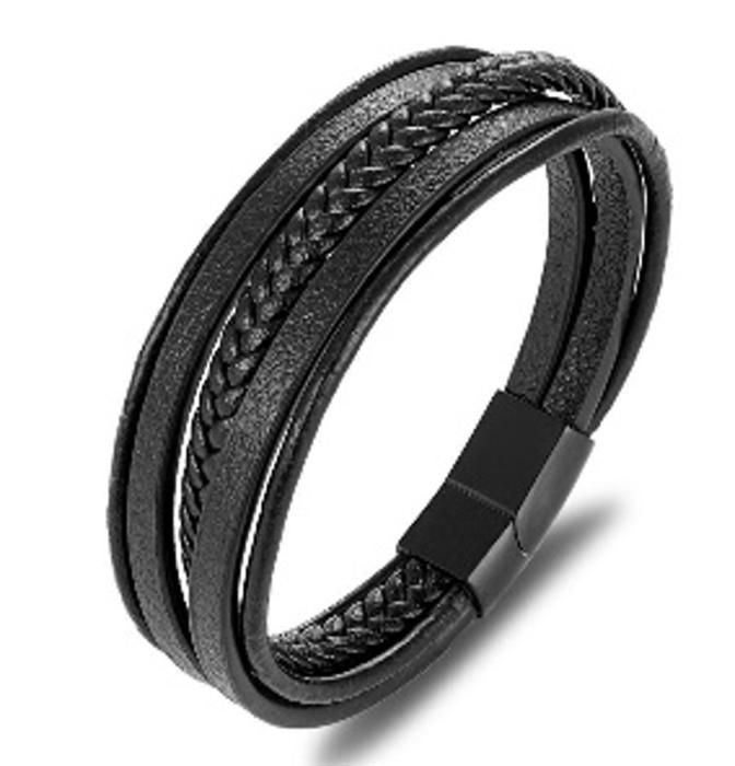 Bracelet - Multicouches - Cuir de qualité - Noir - Mixte