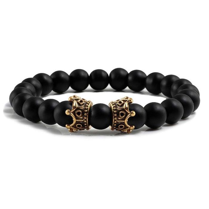 Bracelet de Lux Haltères Pierre De Lave perles de couronne Gold Pour Femmes Hommes - Noir
