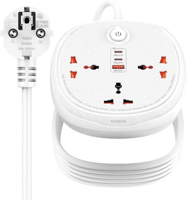 MOXOM Rallonge 3 métres MX-ST28 6in1 Power Strip 3 Socket USB-QC3.0 + 2 Type-C 20W 3m Blanc