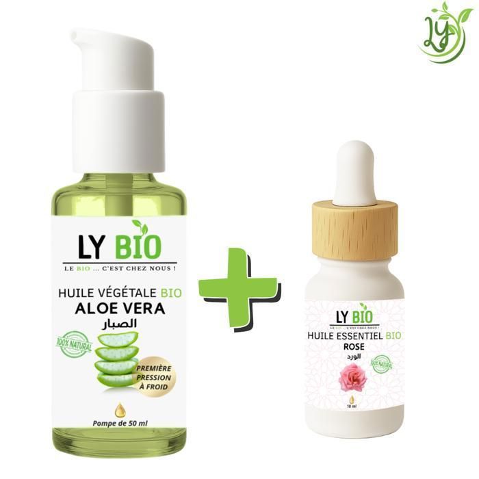Pack Huile Aloe Vera 50ml - LYBIO - Huile Essentielle Rose 10ml - Hydratation - Anti-âge - Soin doux