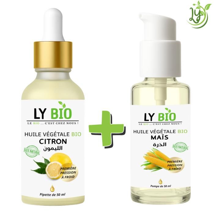 Pack d'huiles - LYBIO - Huile Citron 50ml - Pipette - Huile Mais 50ml - Pompe - Hydratant