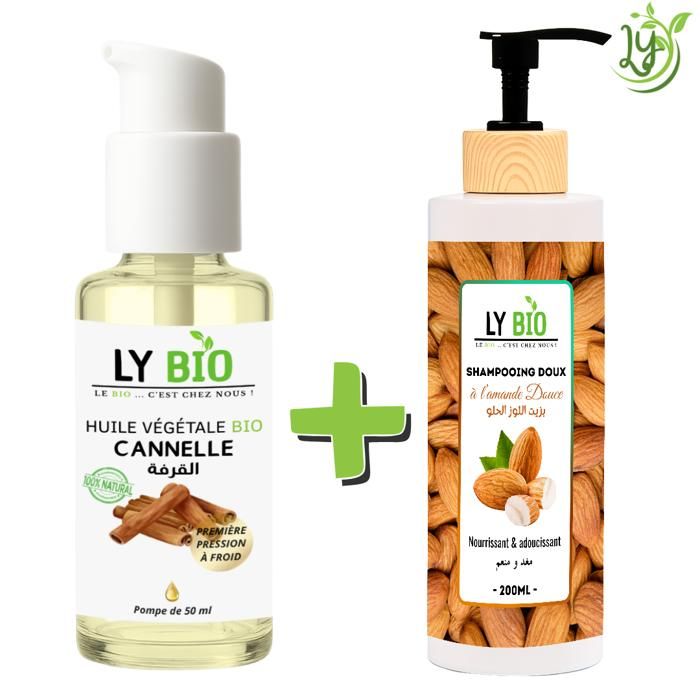 LYBIO PACK HUILE CANNELLE 50ML - POMPE + SHAMPOOING AMANDE DOUCE 200ML - NOURRISSANT & ADOUCISSANT