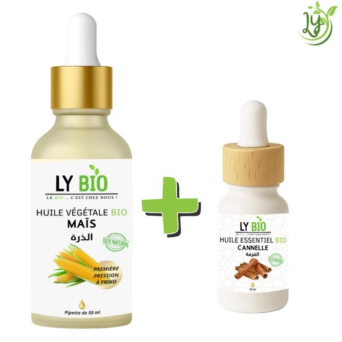 Pack d'huiles - LYBIO - Huile de maïs 50ml - Pipette - Huile essentielle cannelle 10ml - Hydratant