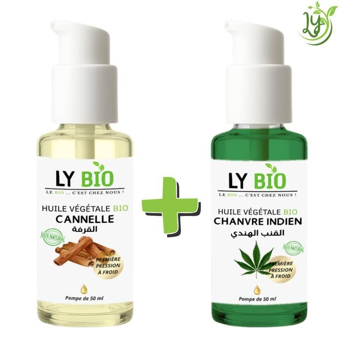 LYBIO PACK HUILE CANNELLE 50ML - POMPE + HUILE CHANVRE 50ML - POMPE