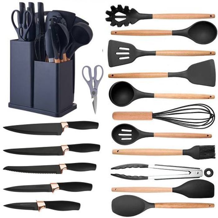 Set d'ustensiles de cuisine 19 Pcs, Couteaux Ciseaux Spatules Planche à découper