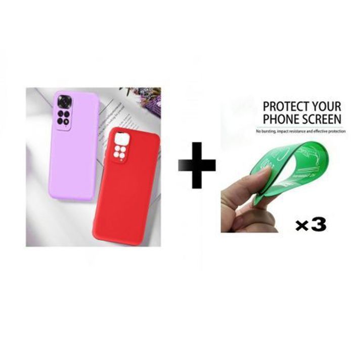 Case Pack : 2 Pochette Xiaomi Poco M4 Pro 4G Silicone Rouge Et Mauve + 3 Protection Incassable