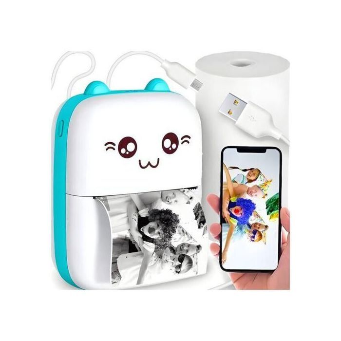 Mini Imprimante Thermique Bluetooth Portable, Impression d'étiquettes, photos et notes sans encre, Bleu