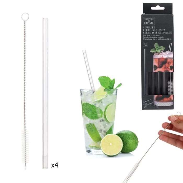 PAILLE TRANSPARENTE EN VERRE X4 AVEC GOUPILLON M2
