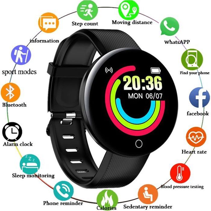 Montre Connectée D18 - Écran Rond, Fréquence Cardiaque, Pression Artérielle