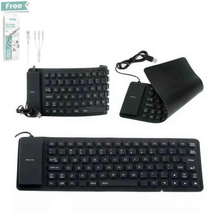 Clavier USB Flexible en Silicone Pliable + Câble 3-en-1 Lightning / Micro / Type-C