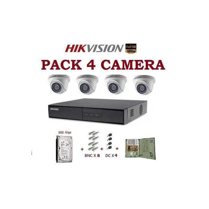 Hikvision Pack Complet Système Surveillance DVR 4 + 4 Caméras dômes +HDD 500GB + Bloc d'alimentation + Connecteurs BNC & DC