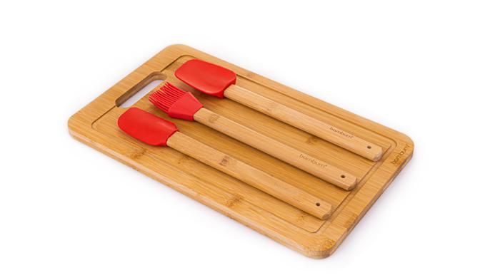 Kit d'ustensiles de cuisine 3 pcs en bamboo et silicone rouge