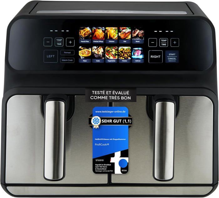 Friteuse à air chaud - PROFICOOK - Double 8L - 2200W - 7 programmes - Acier inoxydable