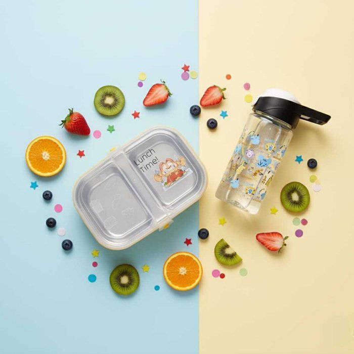 Pack Lunch box +gourde 500ml en plastique alimentaire sans BPA deux compartiments en inox -3 couverts -boite à sauce21/15cm