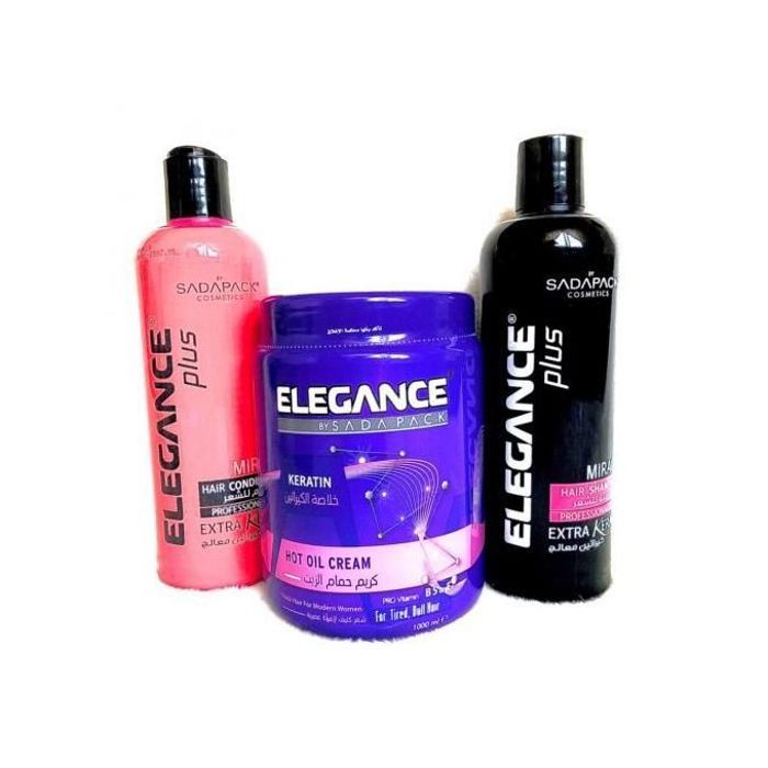Pack Elegance Plus : shampooing, après-shampoing et masque à la kératine pour des cheveux sains et revitalisés.