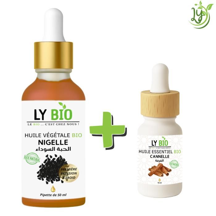 Pack d'huiles - LYBIO - Huile Nigelle 50ml - Pipette - Huile Essentielle Cannelle 10ml - Réparateur