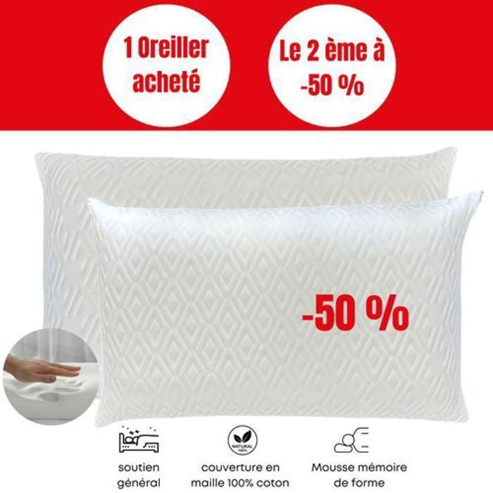 Oreillers - Medicals - Pack de 2 - Mousse à mémoire de forme - 70x40 cm - Mi-ferme 18H