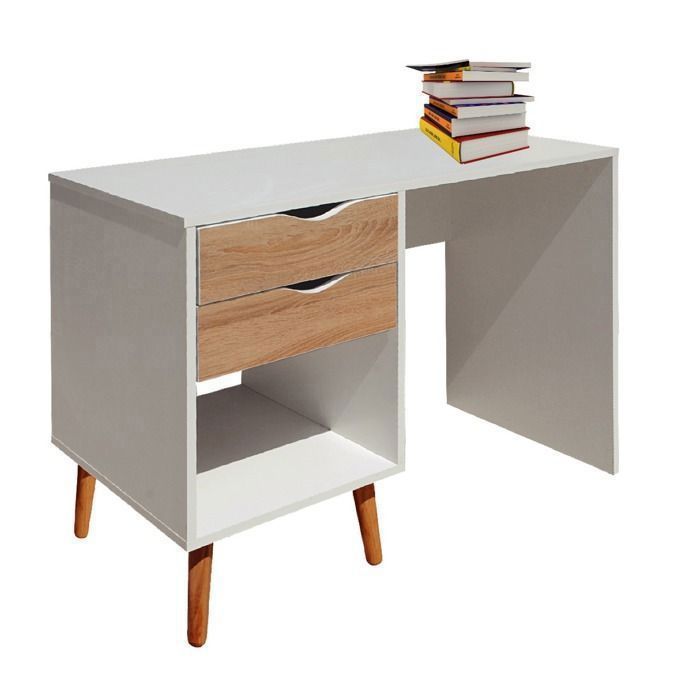BOSTON BUREAU 2 TIROIRS CL BLANC / CHENE GOLD 110X50X77 CM
