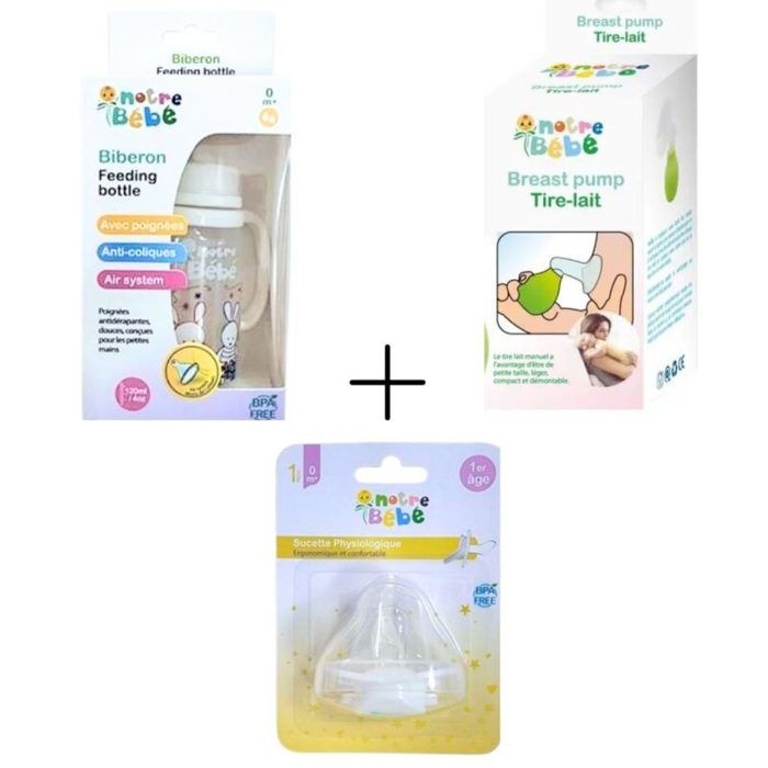 PACK TIRE LAIT +SUCETTE 1ER AGE+BIBERON 1ER AGE  AVEC POIGNEES