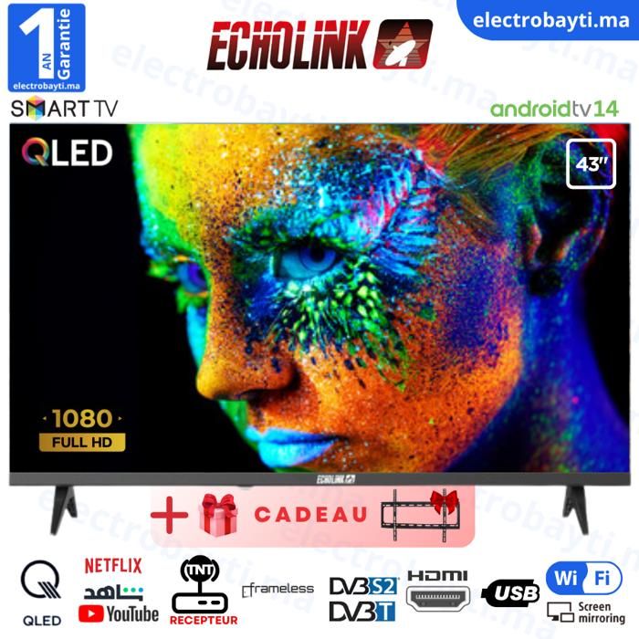 ECHOLINK - 43" Smart TV QLED Full HD avec Android 14, HDMI, DVB S2/T2