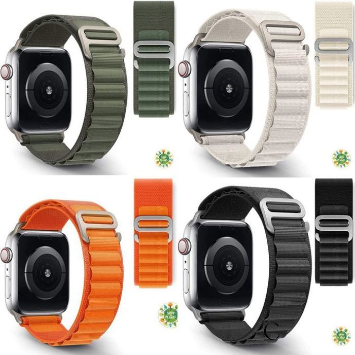 Pack de 4 Bracelets Alpine en Nylon pour Apple Watch 42mm, 44mm, 45mm et 49mm - Orange, Noir, Blanc, Vert.