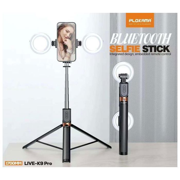 PLOKAMA Canne Selfie Trépied avec Lumières 2 LED  et Télécommande sans Fil Hauteur 170cm Multi-Angles Photos & Vidéos Live-K9 Pro