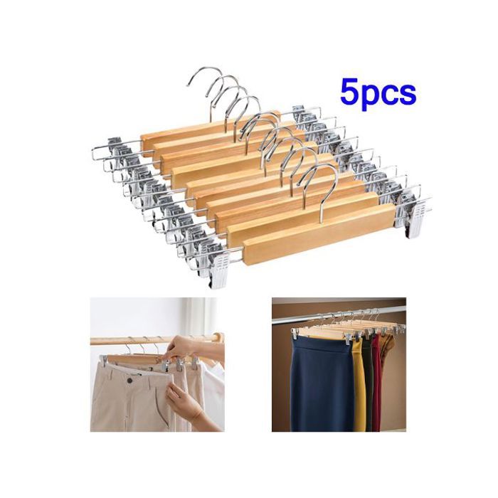 Set 5 cintres en bois, cintres de jupe avec clips réglables, antidérapants, 360°
