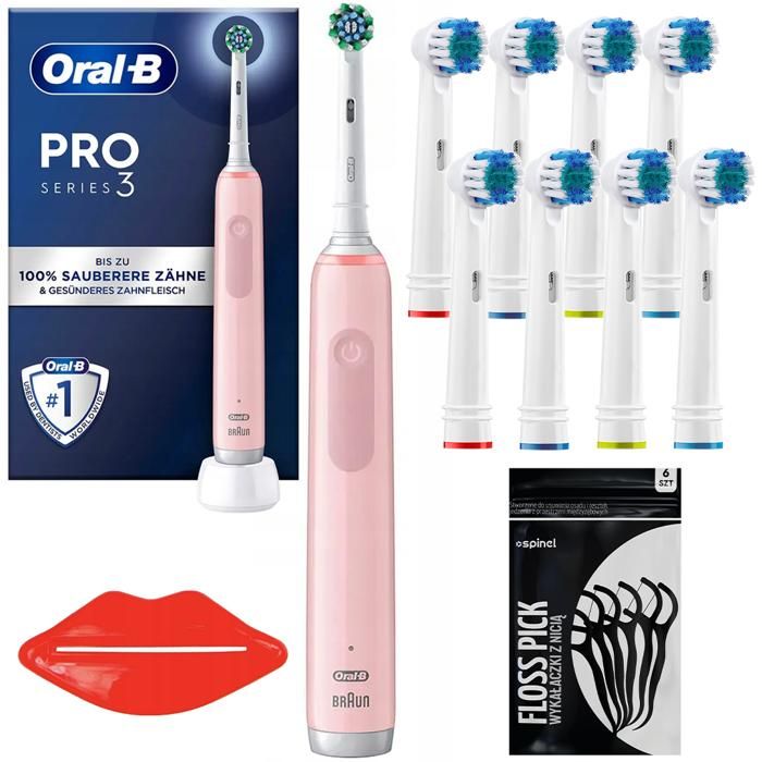 Elektrisk tandborste - Oral-B - Pro 3 3000 Rosa - Cross Action - 8 munstycken - Timer - Trycksensor