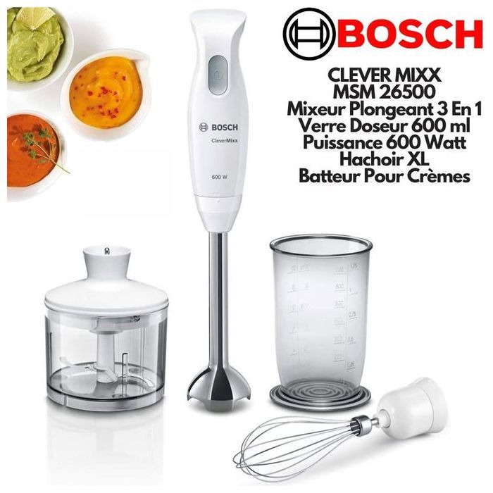 Mixeur plongeant - BOSCH - CleverMixx - 600 W - pied inox - bol mixeur - mini-hachoir - fouet inox - Blanc