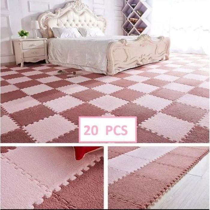 Tapis puzzle chambre et salon en peluche 20 pcs - Marron et blanc
