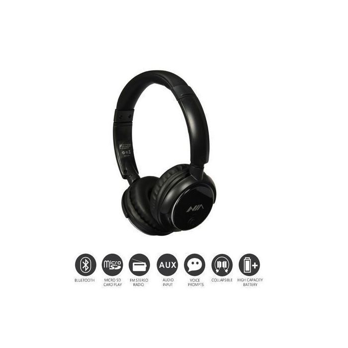 Nia Casque Q1  sans fil Bluetooth V4.2 app avec micro Slot SD aux FM Radio - Noir