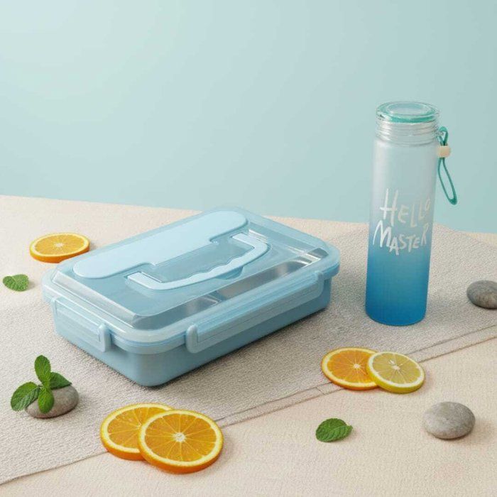 Pack Lunch box +gourde 900ml   en plastique alimentaire sans BPA 4 compartiments en inox -couvert en inox -