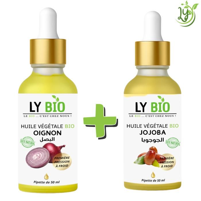 Pack d'huiles - LYBIO - Huile Oignon 50ml - Pipette - Huile Jojoba 50ml - Pipette - Tous types de cheveux