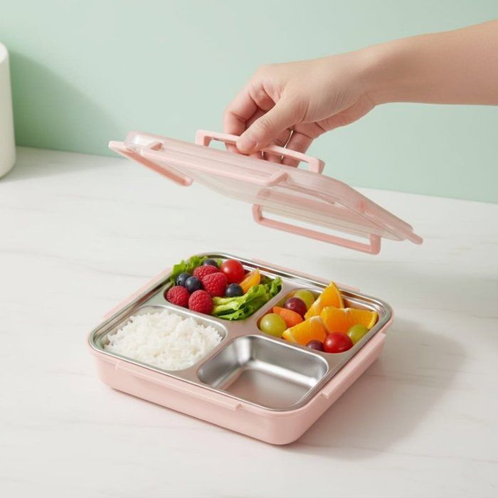 Lunch Box Isotherme avec 4 Compartiments + Cuillère et Fourchette en Inox – Parfait pour l'École et le Travail;