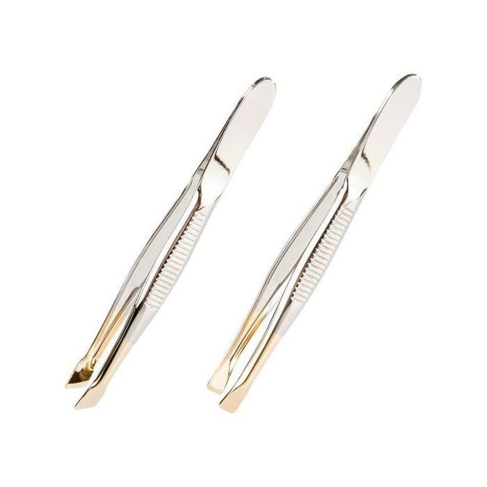 Lot de 2 Pinces à Épiler Dorées - Idéal pour les poils fins, branches rainurées et pointe oblique.