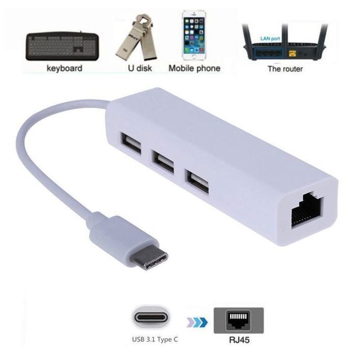 Concentrateur USB-C / Type C vers RJ45 Hub de réseau LAN Ethernet, avec USB 2.0 3 ports
