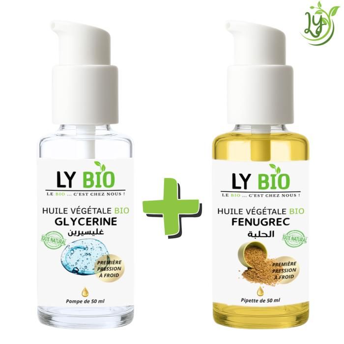 LYBIO PACK HUILE GLYCERINE 50ml - POMPE + HUILE FENUGREC 50ML - POMPE