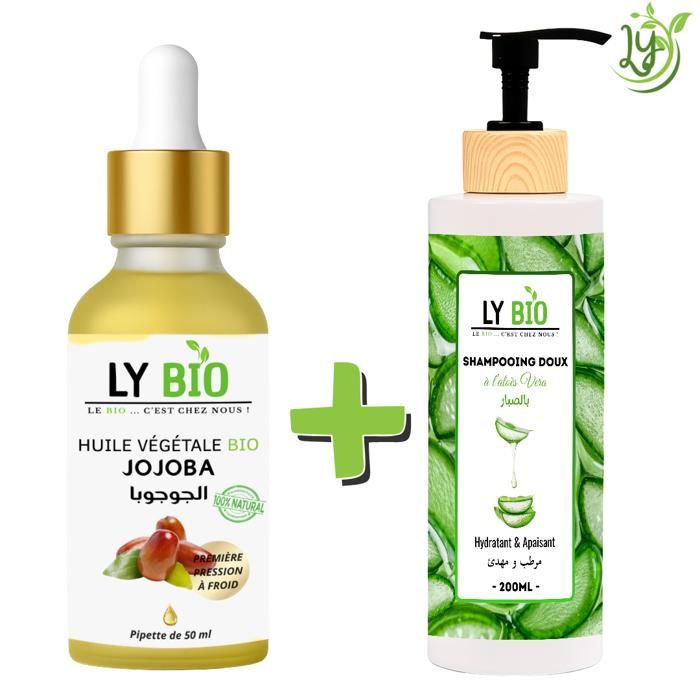 LYBIO PACK HUILE JOJOBA 50ML - PIPETTE + SHAMPOOING ALOE VERA 200ML - HYDRATANT & APAISANT