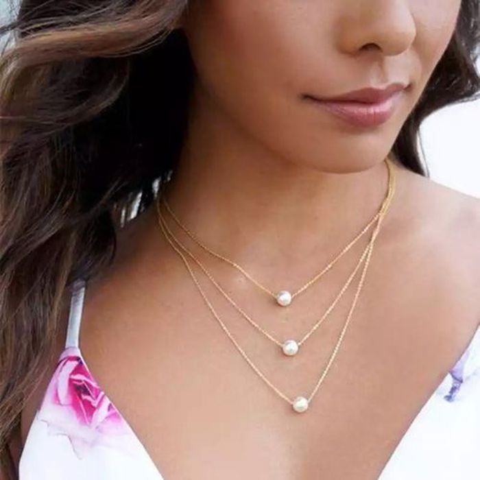 Collier - FASHION - Triple chaîne - Pendentif en perle - Plaqué or - Doré