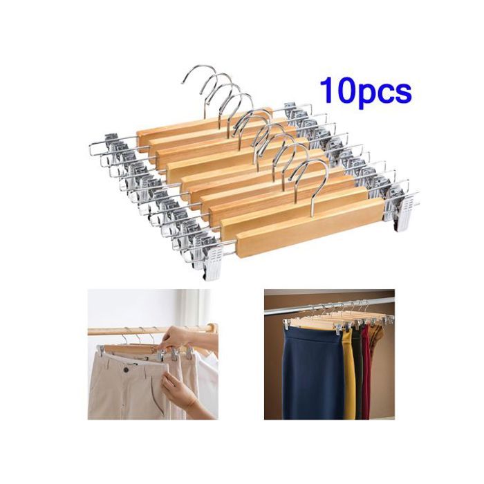 Set 10 cintres en bois, cintres de jupe avec clips réglables, antidérapants, 360°