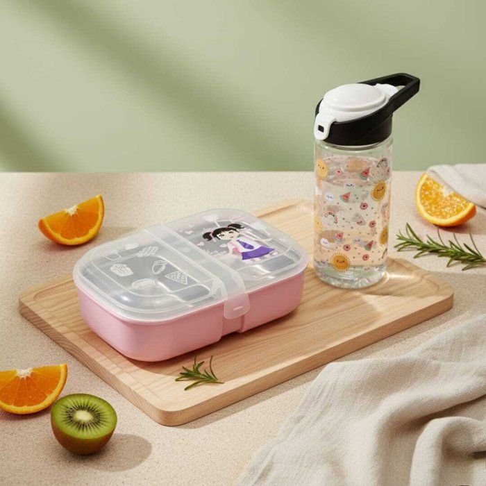 Pack Lunch box +gourde 500ml en plastique alimentaire sans BPA deux compartiments en inox -3 couverts