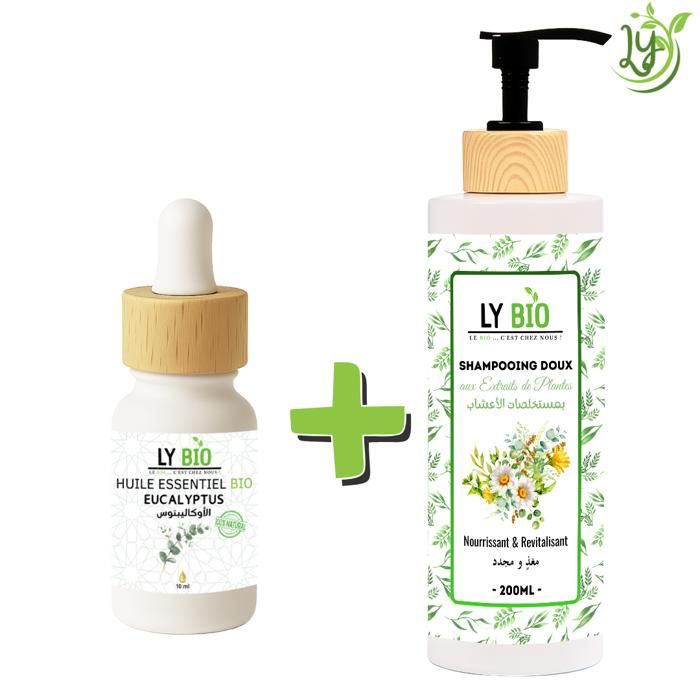 LYBIO PACK HUILE ESSENTIEL EUCALYPTUS 10ML + SHAMPOOING AUX EXTRAITS DE PLANTES 200ML - NOURRISSANT & REVITALISANT