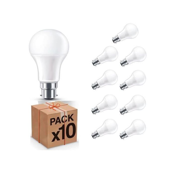 Lot de 10 ampoules LED B22, 9W, Lumière Blanche 6500K