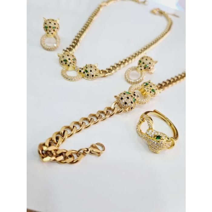 Parure en acier inoxydable - Doré - 4 pièces - Collier - Boucles - Bague ajustable