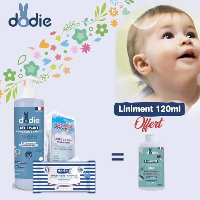 Pack Soin Bébé Dodie Gel Lavant+Lingettes +Coton =Liniment Bio Dodie offert