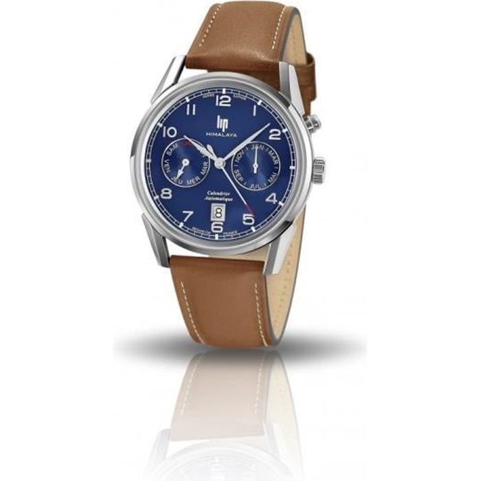 Montre automatique - Lip - Himalaya - Cadran rond 40 mm - Cuir marron - Verre saphir
