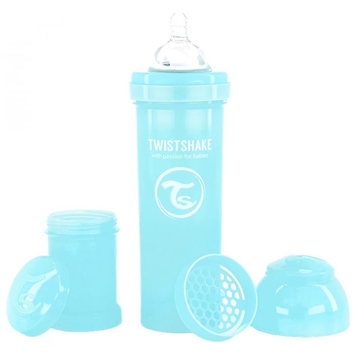 Twistshake Biberon anti-colique avec récipient à lait en poudre et mélangeur - 330 ml - Biberon sans BPA - 4+ mois - Bleu