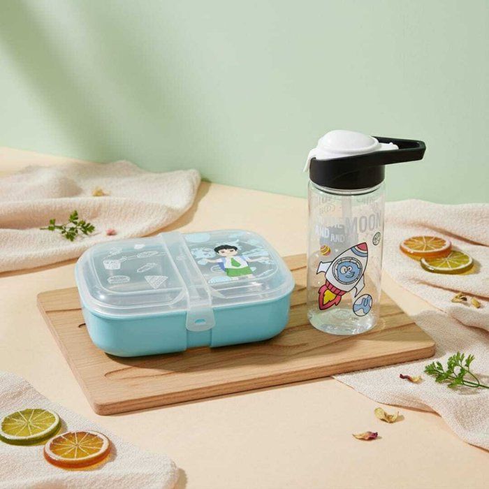 Pack Lunch box +gourde 500ml en plastique alimentaire sans BPA deux compartiments en inox -3 couvert