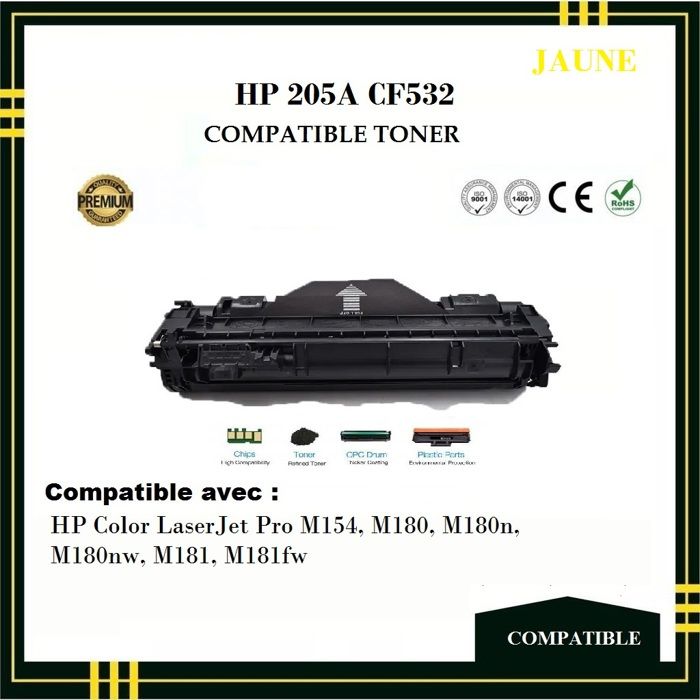 Toner Jaune - HP - 205A CF532 - Compatible - Pack de 4 - Laser