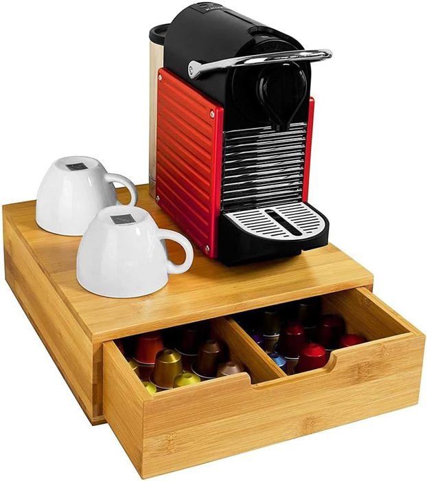 Porte Capsules de Café - MDF - Rangement à Tiroirs - Bois MDF - 31x30x9,5 cm - Beige